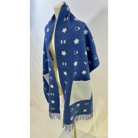 Coach Logo Blue Oversized Muffler Wool W.Pocket Shawl 80 inches - Picture 6 of 11